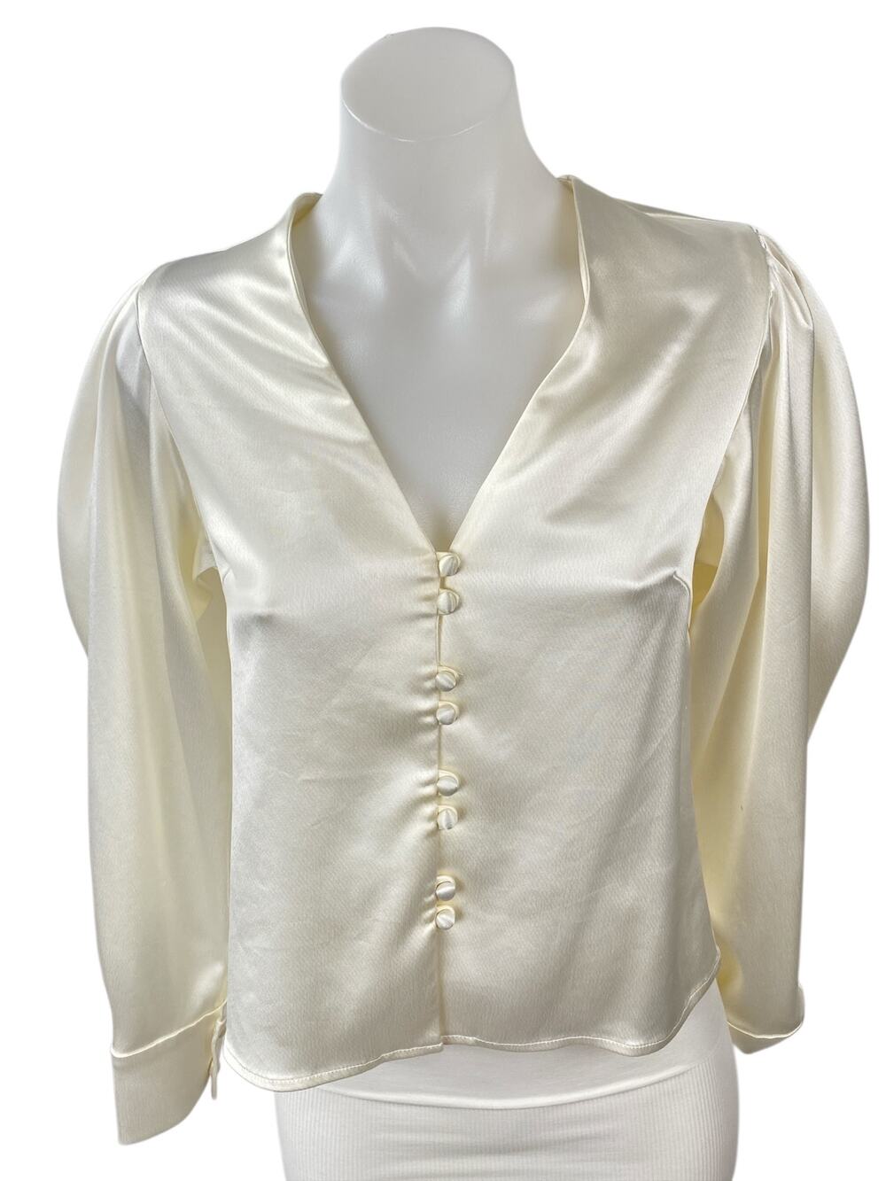 Kimberly Taylor Ivory Cream Silk Satin Long Puff Sleeve Button Down Blouse XS